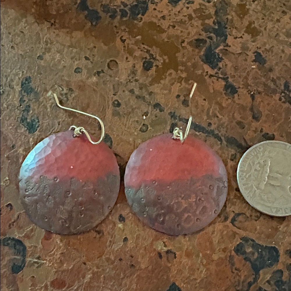 Red and Brown Hammered Disc Earrings